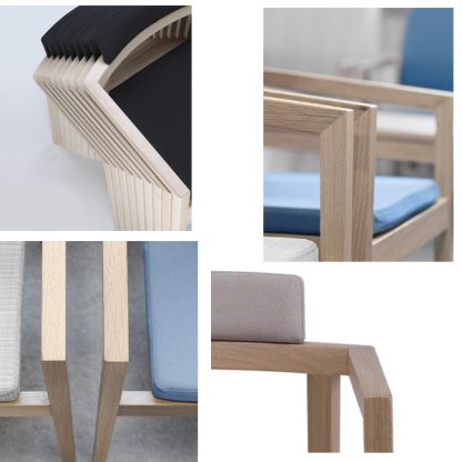 Detalje Session armstole fås i 3 modeller: Stol med lav ryg, stol med polstret høj ryg og stol med polstret lav ryg. Stabelbare. Lakeret eller bejdset eg.
