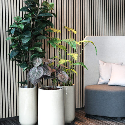 Billede af Anthurium, en kunstig plante med dekorative hjerteformede blade. Planten er mellemstor i størrelsen, og den ser helt naturtro ud. Sæt den i en potte for sig, eller lad den supplere andre større og mindre planter i en plantekasse eller krukke.